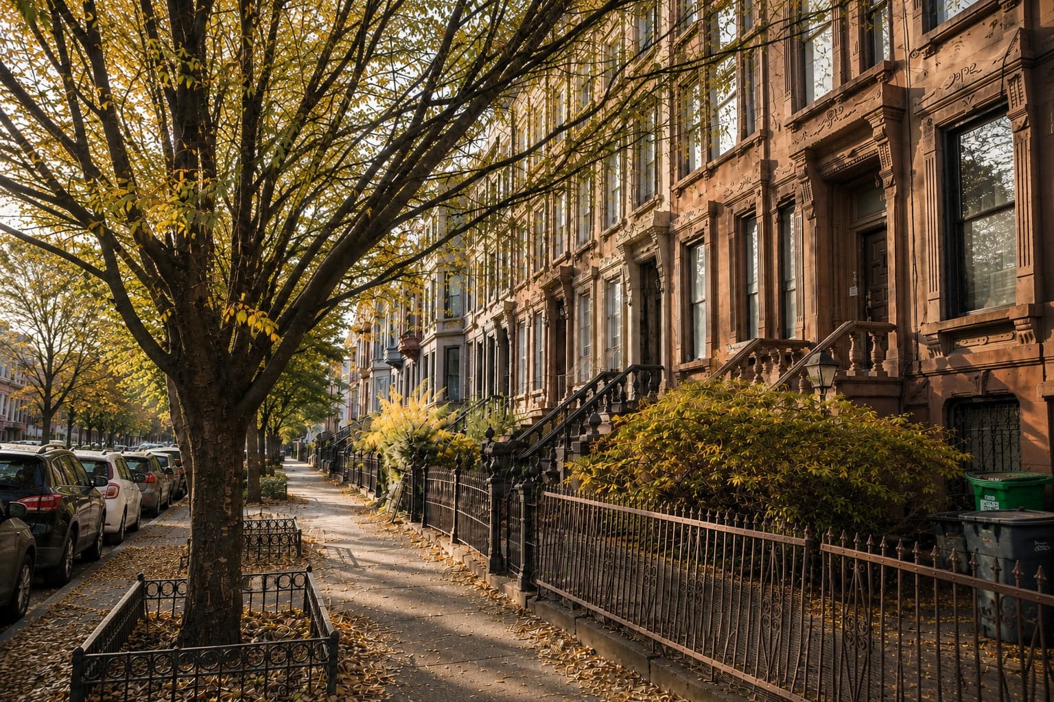 A row of brownstones in autumn, stoops receding down the street